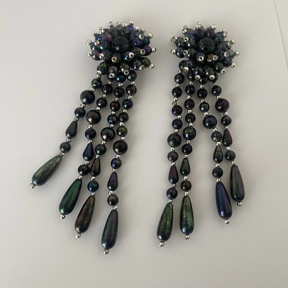 Black iridescent firecracker 1990's Clip On earrings Fantasy Jewelry Vintage